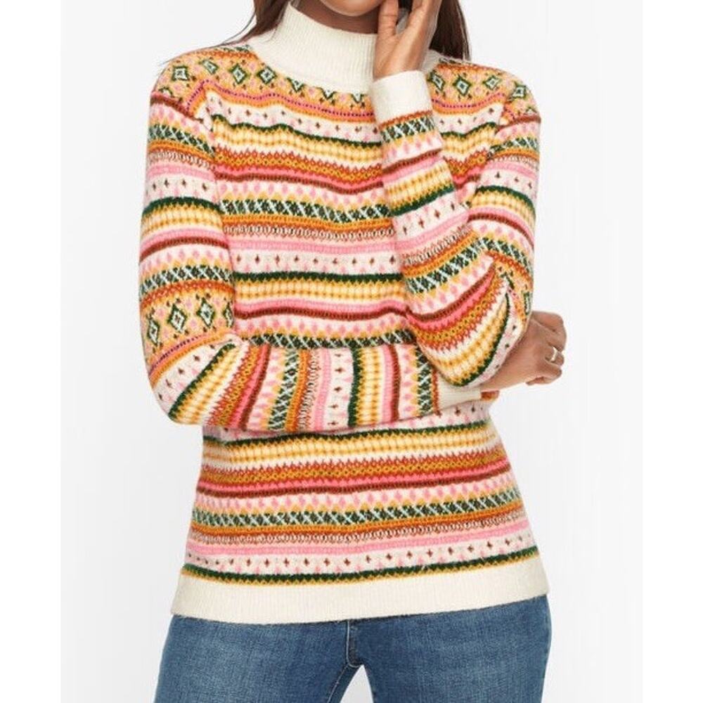 Talbots fair isle sweater Mock Neck Medium P Retro Ski Soft Fuzzy Cozy Preppy